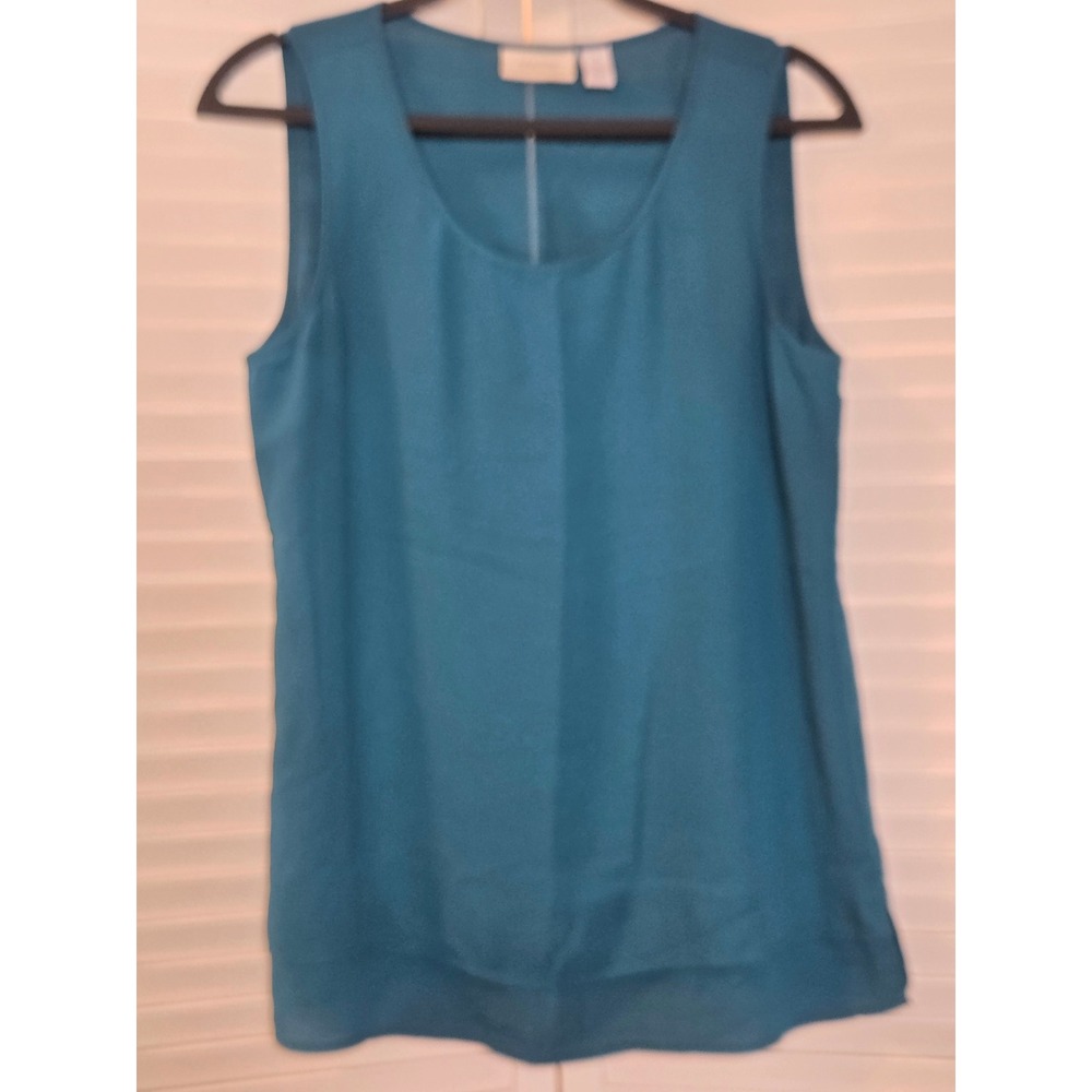 Chico's Sleeveless Tank Top Size 1 Medium Teal Blue Layered Chiffon Shell Scoop